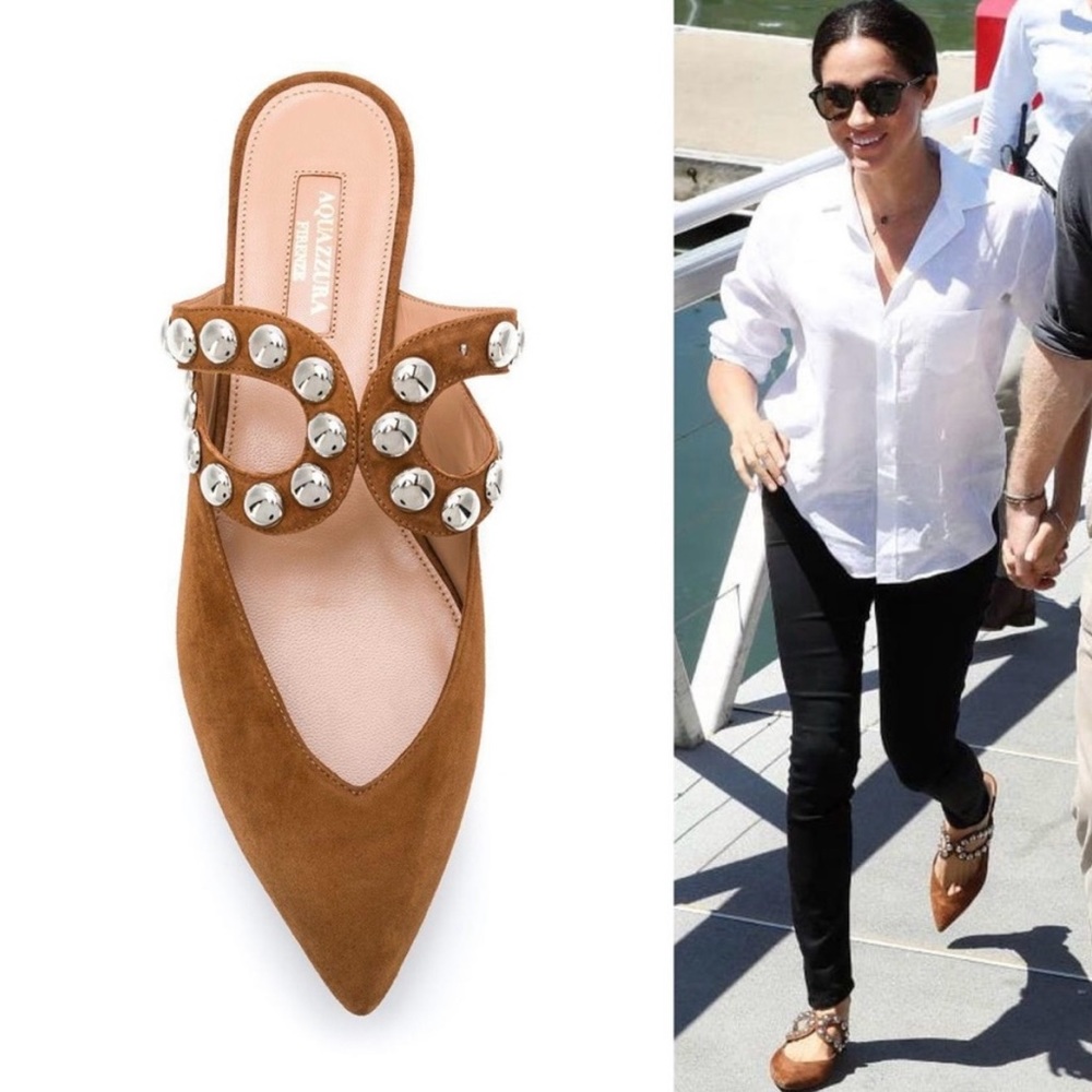 RARE Aquazzura DJ Suede Studded Mules ASO Meghan Markle